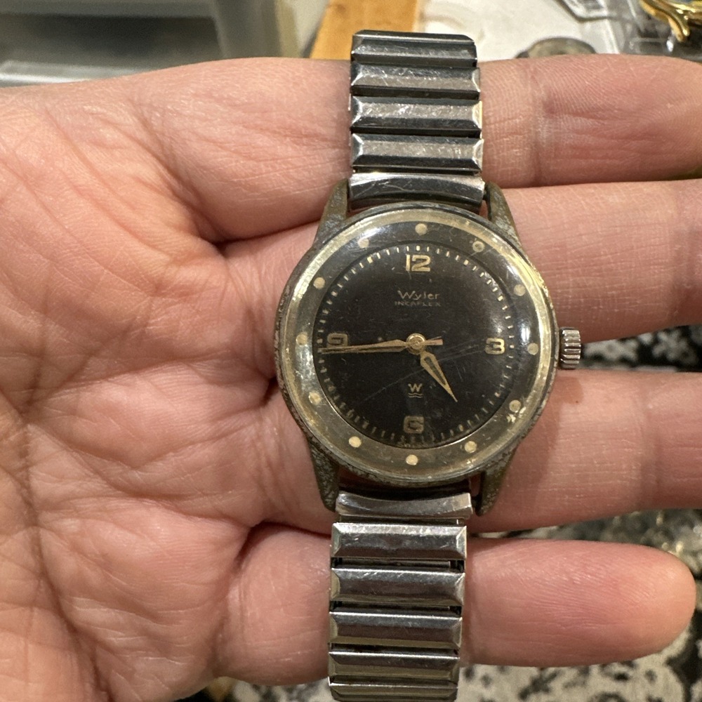 Working Vintage Wyler Incaflex Vintage Swiss Watch‎ 1940s Manual Wind Black 32mm